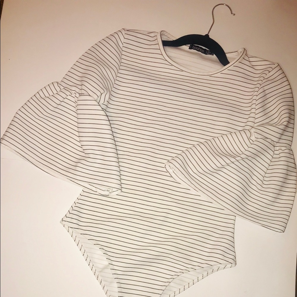 Black and white stripe bell sleeve bodysuit